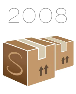 Text graphic showing the years 2008-2011, representing the period being discussed in StressNoMore’s company history. Two boxes with the Stressnomore 's' symbol to represent moving buildings.