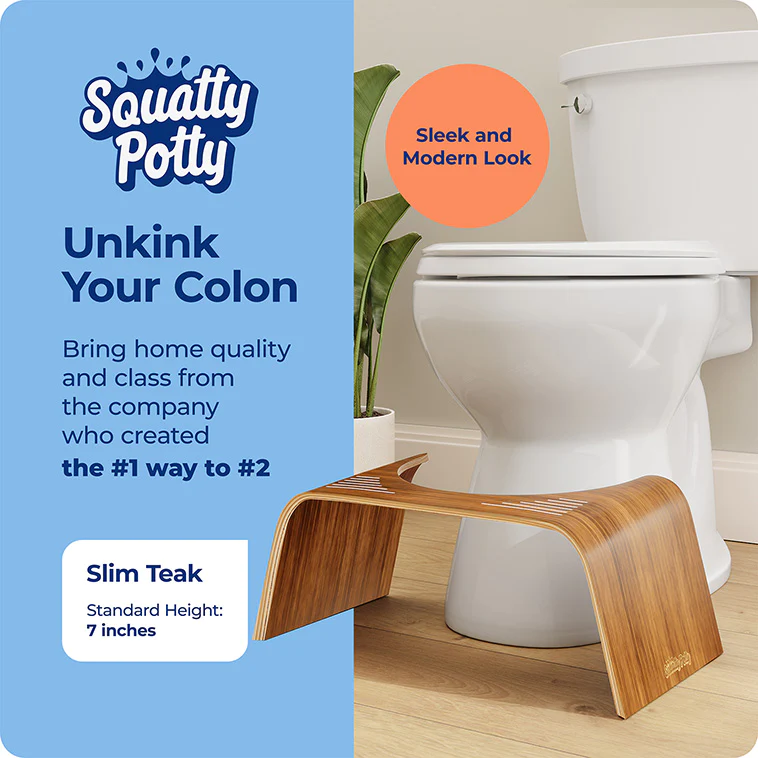 Squatty Potty Slim Teak wooden toilet stool positioned in front of a modern toilet, designed to elevate feet for a natural squatting posture, helping unkink the colon, reduce straining and support healthier, more comfortable bowel movements.