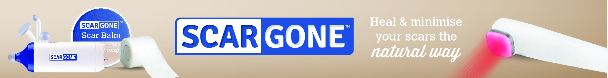 SCARGONE promotional banner featuring scar balm, handheld scar treatment device, scar gel sheet and a red-light therapy tip, alongside text about healing and minimising scars naturally