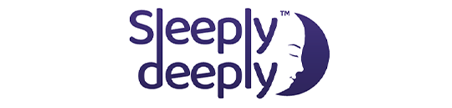 Sleeply Deeply brand logo featuring stacked purple lettering beside a stylised crescent moon with a calm, sleeping face.