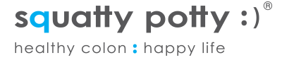 Squatty Potty logo showing modern grey text with blue highlights and the slogan healthy colon, happy life.
