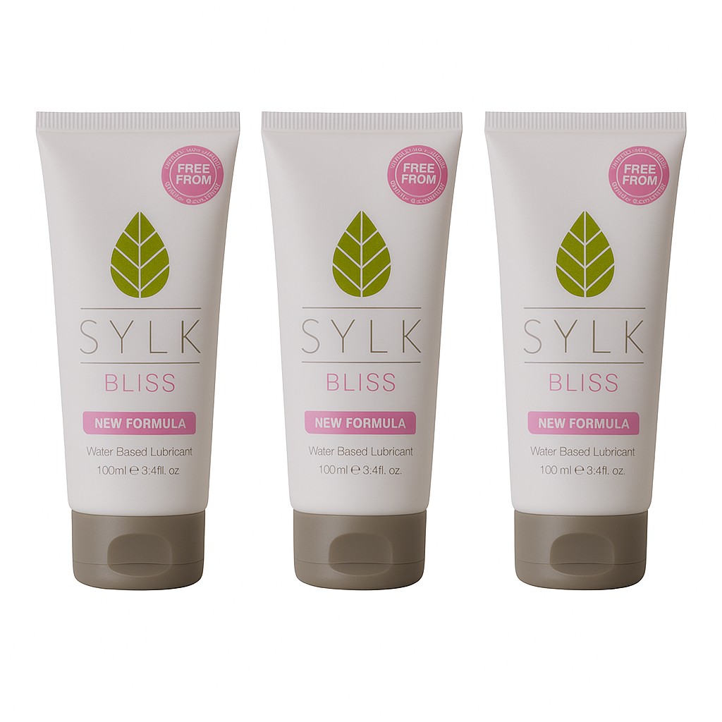 Three SYLK BLISS natural water-based lubricant tubes displayed on a white background, featuring the new plant-based formula that is pH balanced, gentle, and designed to support comfortable, everyday intimate hydration and lubrication.