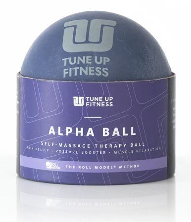 Alpha Ball self-massage therapy ball by Tune Up Fitness shown in branded packaging, designed for pain relief, posture support and muscle relaxation.