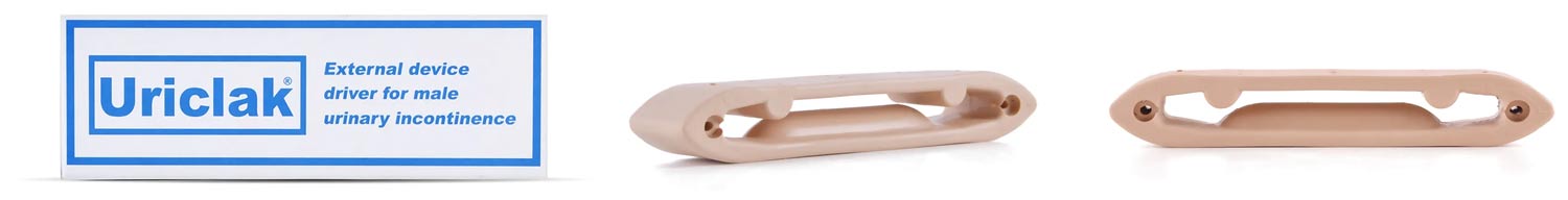 Uriclak male urinary incontinence device banner featuring the Uriclak product box on the left and two beige external clamp devices displayed from different angles.
