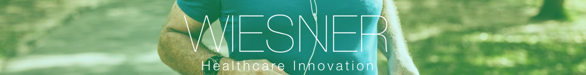 Wiesner Healthcare Innovation banner with transparent logo over an outdoor scene of a man exercising while jogging.