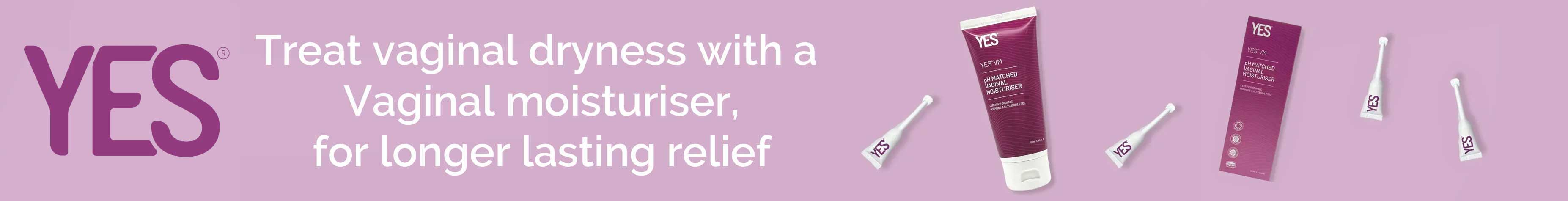 YES product banner featuring purple YES vaginal moisturiser tube, boxed product and individual applicators on a pink background with text about treating vaginal dryness for longer lasting relief.