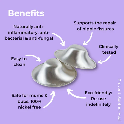 Two silver nursing cups displayed on a purple background with arrows pointing to the product, presented as an informational product graphic.