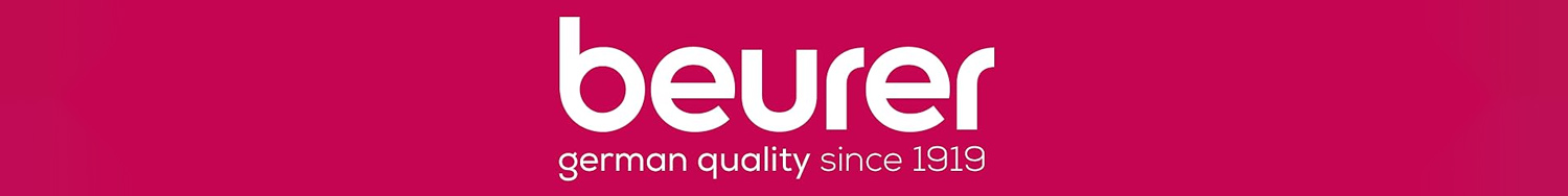 Beurer branding banner highlighting the Beurer logo and slogan &lsquo;German quality since 1919&rsquo; on a pink background