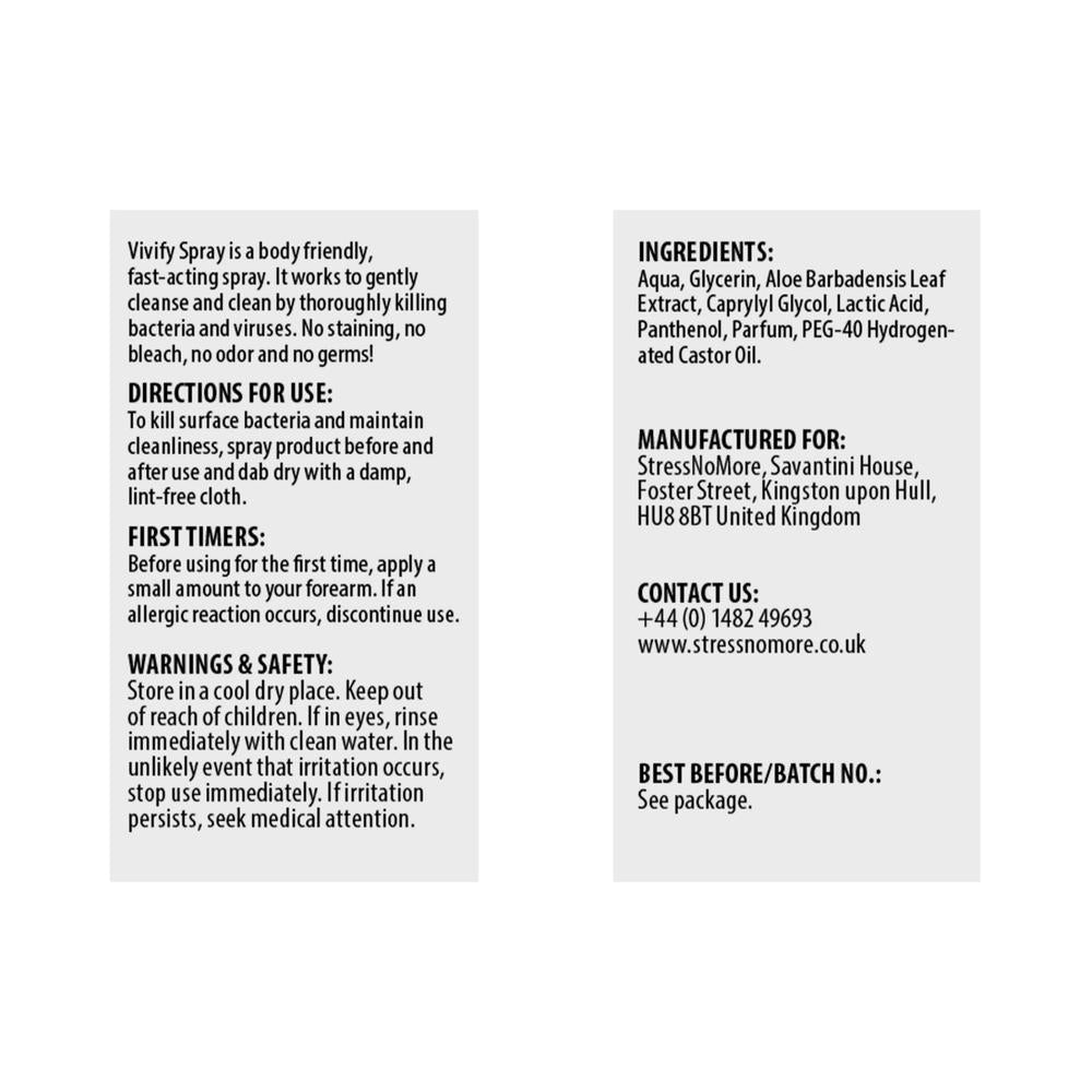 Information graphic for the Vivify Anti-Bacterial Cleansing Spray, showing directions for use, safety warnings, ingredients list, manufacturer details and contact information.