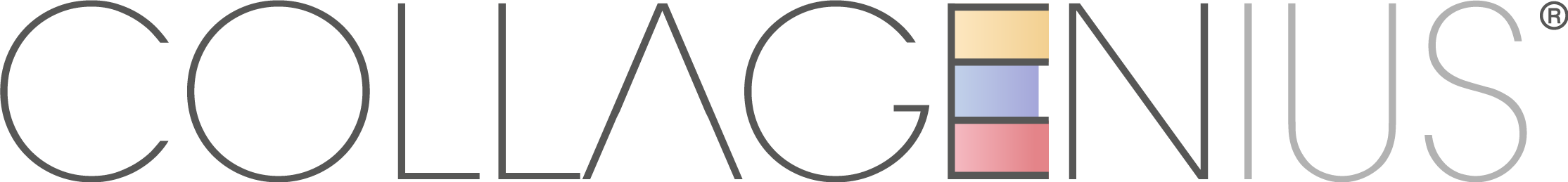 Minimalist COLLAGENIUS brand logo featuring grey outlined text and a stylised E with pastel colour blocks.