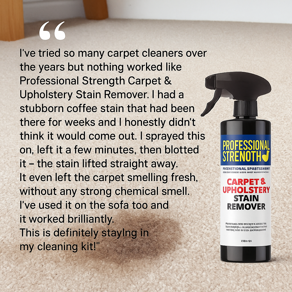 Customer testimonial image showing Professional Strength Carpet & Upholstery Stain Remover next to a coffee stain on beige carpet, with review text describing how the cleaner quickly removed an old coffee stain and left the carpet fresh.