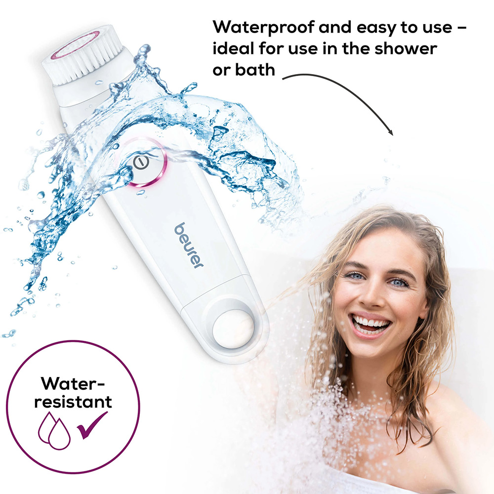 Beurer FC45 waterproof facial cleansing brush used in the shower, water-resistant electric face cleanser for gentle daily skincare and radiant skin