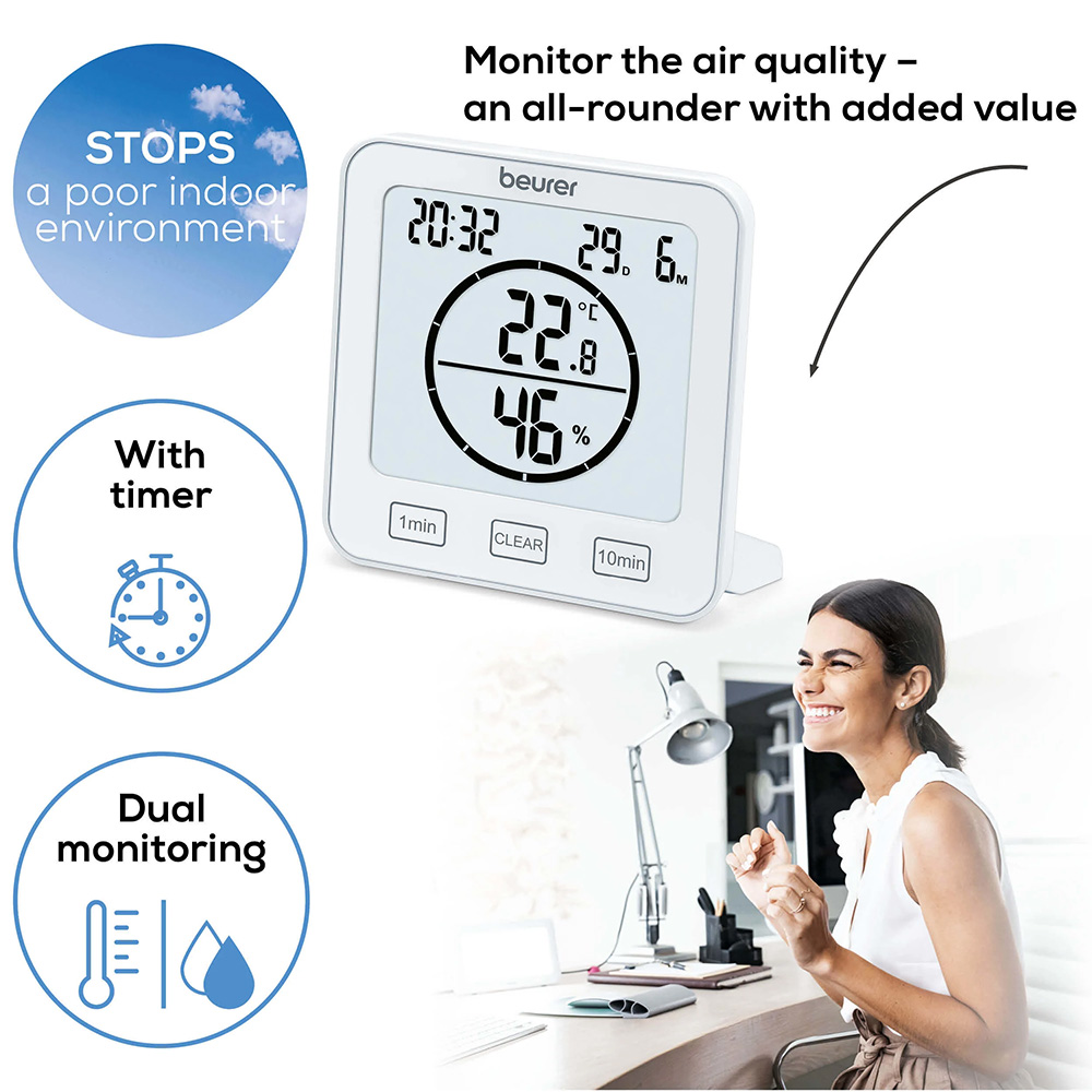 Beurer HM 22 digital thermo hygrometer showing indoor temperature and humidity with timer function, dual monitoring icons, and clear LCD display, used to monitor air quality and improve indoor comfort in home or office environments.