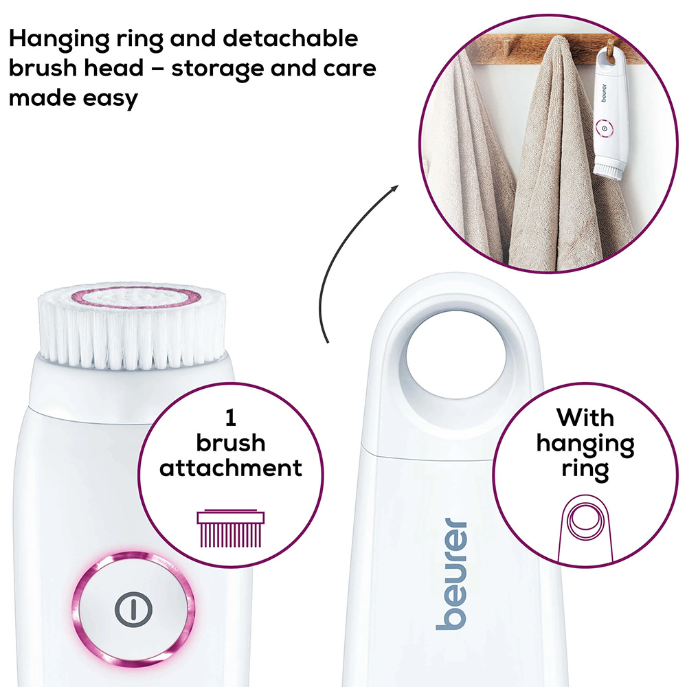 Beurer FC45 facial cleansing brush with detachable brush head and built-in hanging ring, easy storage electric face cleanser for daily skincare.