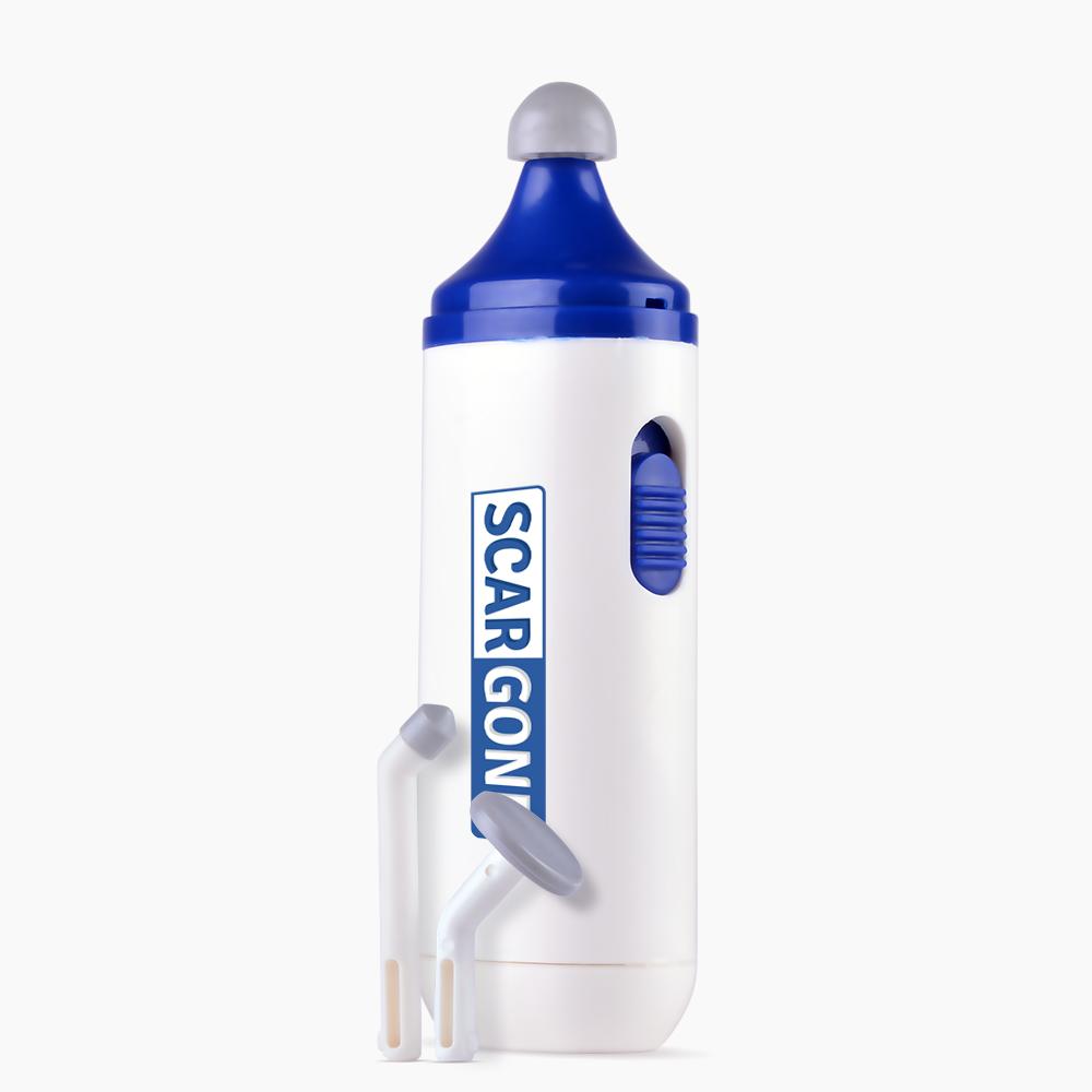 Handheld ScarGone scar management massager with interchangeable heads, designed to support scar massage and improve comfort for old and new scars