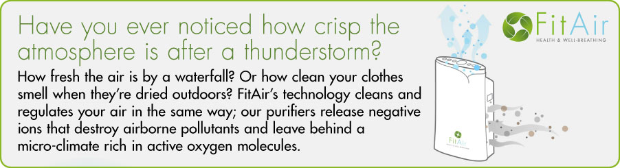 FitAir Health & Well-Breathing banner featuring air purifier illustration and text highlighting natural air freshness, negative ions and pollutant removal