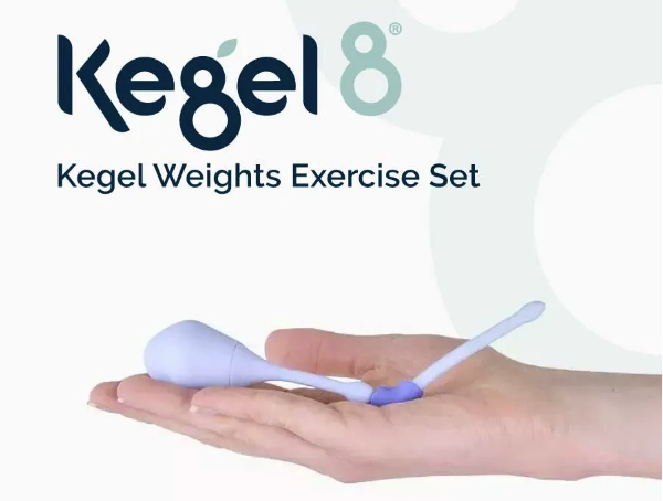 Kegel8 Kegel Weights Exercise Set shown in a hand, featuring a light purple pelvic floor exerciser designed to strengthen pelvic muscles, improve bladder control and support pelvic health.