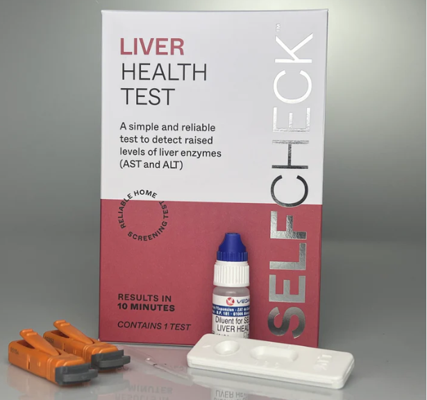 SELFCheck liver health test kit packaging with sample vial, used for quick at-home screening of raised liver enzyme levels such as AST and ALT, suitable for liver health and wellness monitoring.