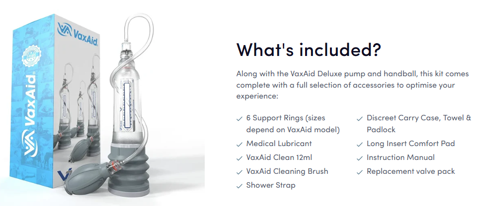 VaxAid Deluxe penis pump kit showing boxed pump, handball, and accessories including support rings, medical lubricant, cleaning brush, comfort pad, carry case, towel, padlock, shower strap, instruction manual, and replacement valve pack.