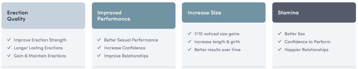 Benefits graphic showing four panels: erection quality, improved performance, increased size, and stamina, highlighting stronger and longer erections, better sexual performance, confidence, gradual size gains, improved stamina, and happier relationships.