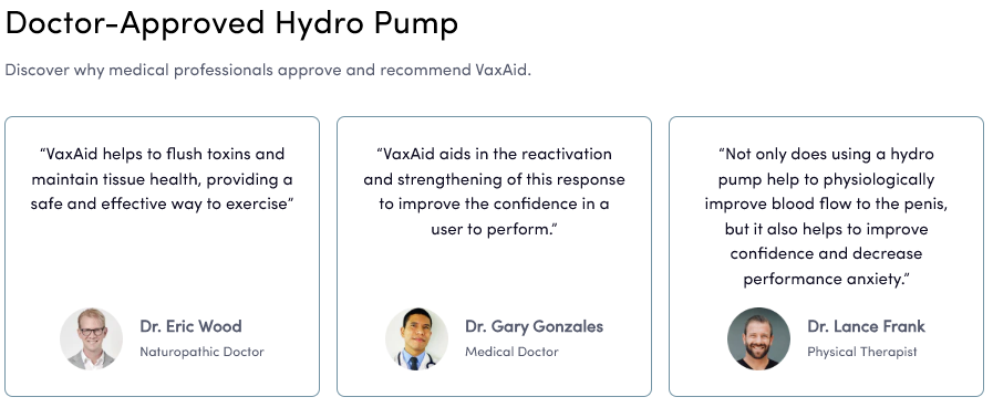 Doctor-approved hydro pump section showing medical professional testimonials for VaxAid, highlighting improved blood flow, tissue health, erectile function, confidence, and reduced performance anxiety as part of safe, drug-free erectile dysfunction treatment.