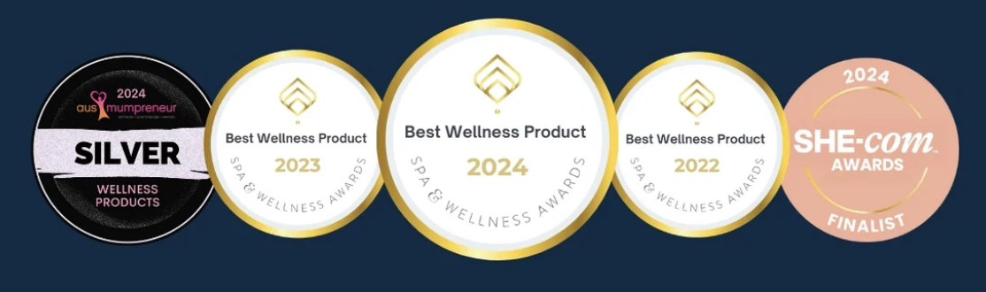 Award badges showing wellness industry recognition, including Silver Wellness Product 2024, Best Wellness Product awards from 2022&ndash;2024, and a 2024 SHE-COM Awards finalist badge, highlighting quality, innovation, and trusted performance.