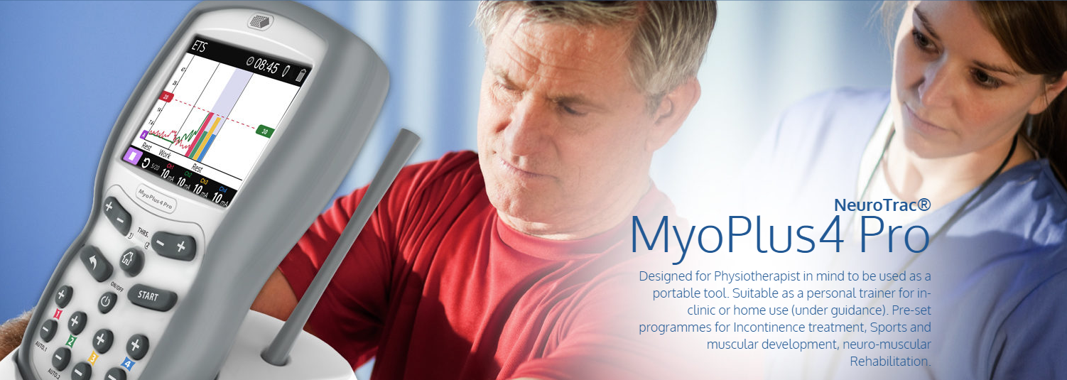 NeuroTrac MyoPlus 4 Pro EMS and EMG biofeedback device used during physiotherapy rehabilitation with clinician guidance.