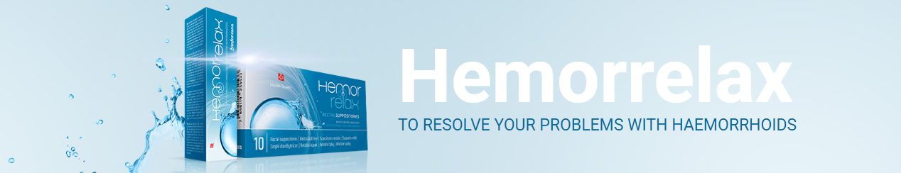 Hemorelax rectal suppositories banner showing blue product boxes with water splash imagery and text about resolving haemorrhoid problems.