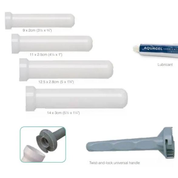 Amielle Care Vaginal Dilator Set Diagram showing four graduated white medical dilators in different lengths and diameters, a tube of lubricant, and a grey twist-and-lock universal handle, illustrating size progression and components of a pelvic floor therapy dilator set.