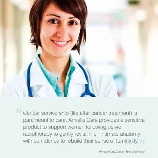 Amielle Care Vaginal Dilator Set with Optilube Lubricant - Female healthcare professional wearing a white coat and stethoscope, smiling in a clinical environment.