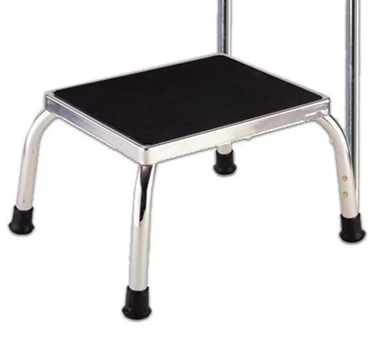 Close-up of an Osalis non-slip step stool platform with chrome-finished metal legs and rubber feet, showing a sturdy black anti-slip surface designed to provide stable, secure footing indoors.