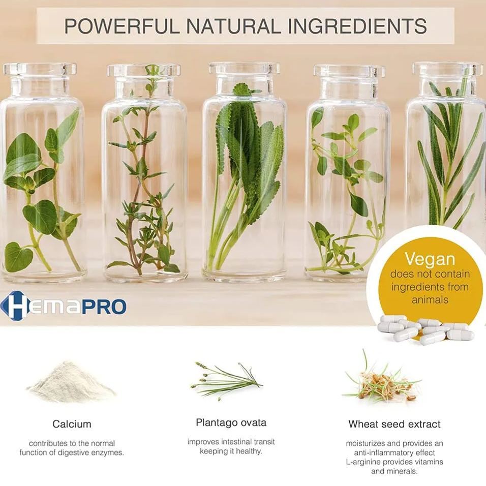 HemaPro product graphic showing glass jars with plant ingredients, highlighting calcium, Plantago ovata, and wheat seed extract, with vegan symbol indicating no animal-derived ingredients.
