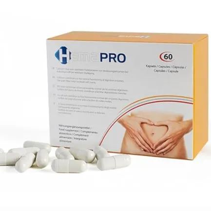 HemaPro capsules box displayed with loose white capsules in front, showing the product name, capsule count, and packaging design.