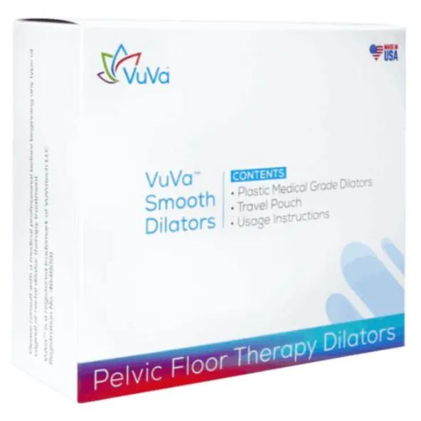 VuVa Smooth Vaginal Dilators retail box packaging showing pelvic floor therapy dilator set contents, including medical-grade plastic dilators, travel pouch and usage instructions, designed for vaginal dilation and pelvic health therapy.