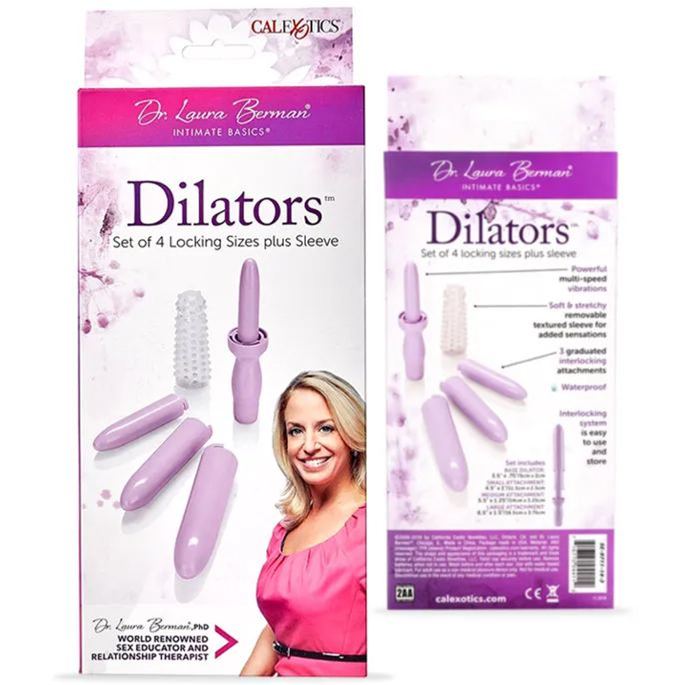 Dr. Laura Berman vaginal dilator set packaging showing four graduated pink dilators, textured silicone sleeve, vibrating handle, and pelvic floor therapy use for vaginismus and vaginal dilation.