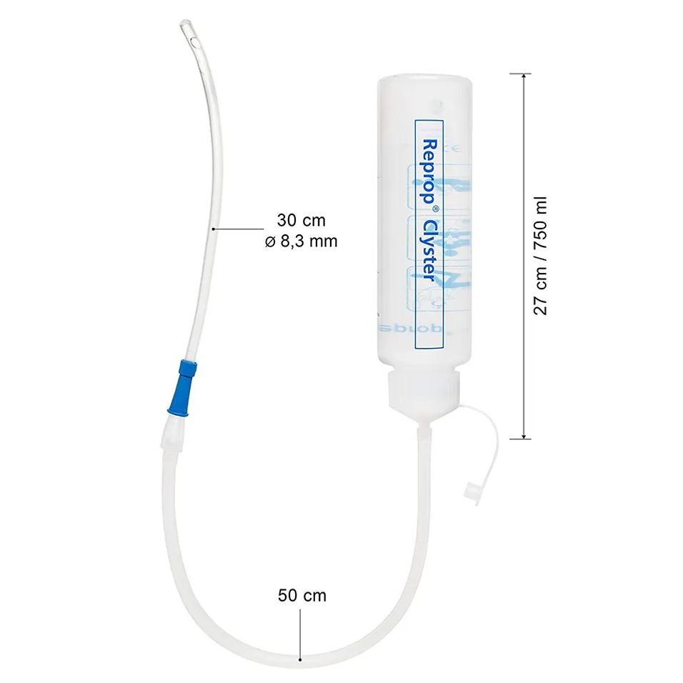 Reprop Clyster Plus enema kit showing 750 ml bottle and tubing dimensions. Medical-grade home enema system for safe colonic irrigation, constipation relief and colon cleansing, designed for easy, hygienic use with water, saline or coffee enemas.