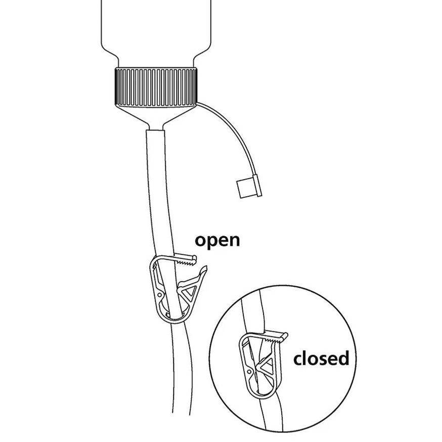 Diagram showing the Reprop Clyster Plus flow control clip in open and closed positions. Illustrates how the check valve safely regulates liquid flow during home enema use, ensuring controlled, hygienic colonic irrigation for constipation relief.