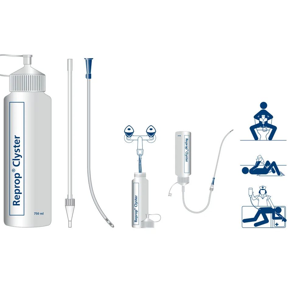 Reprop Clyster Plus home enema kit components shown, including 750ml bottle, tubing, rectal nozzle and usage positions. Designed for safe colonic irrigation, constipation relief and effective home enema cleansing with controlled flow.