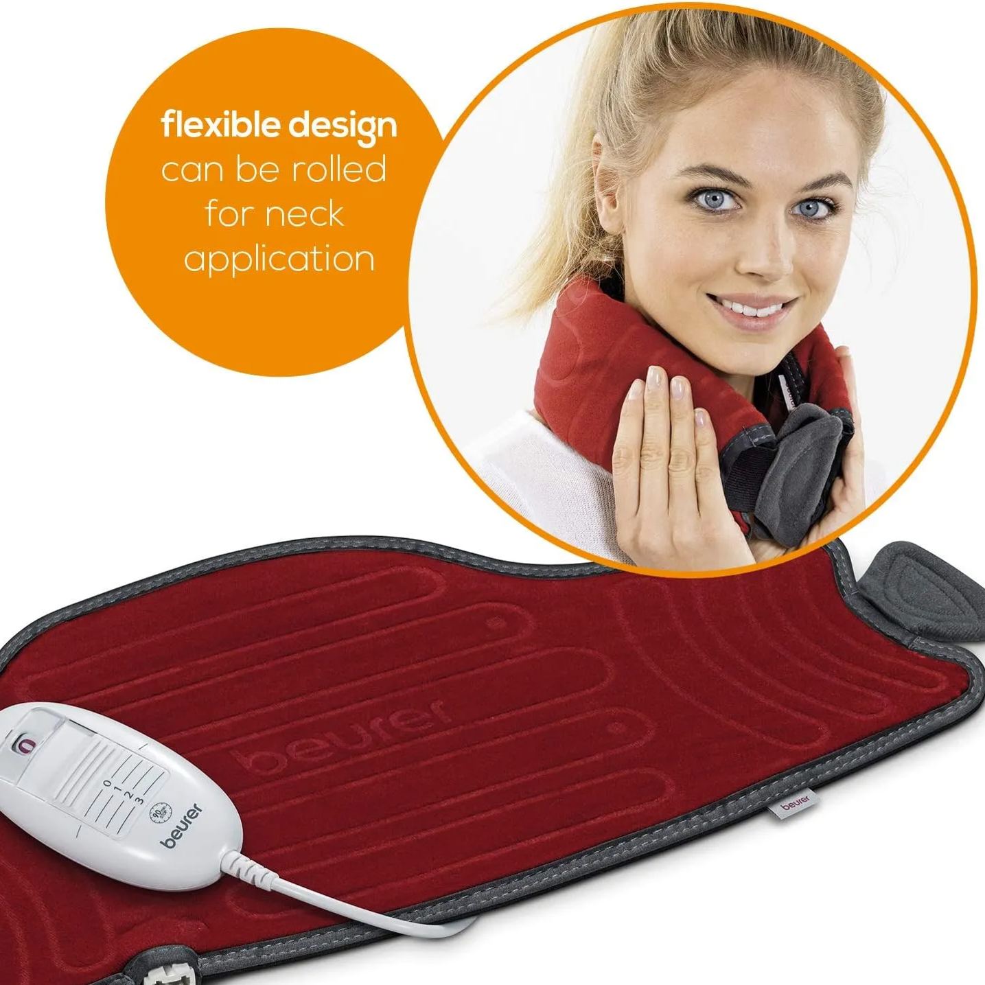 Beurer HK55 Heat Pad features a flexible, rollable design ideal for neck, back, or body use. Delivers targeted heat therapy with adjustable warmth, soft breathable velour fabric, and safe, comfortable support wherever you need relief.