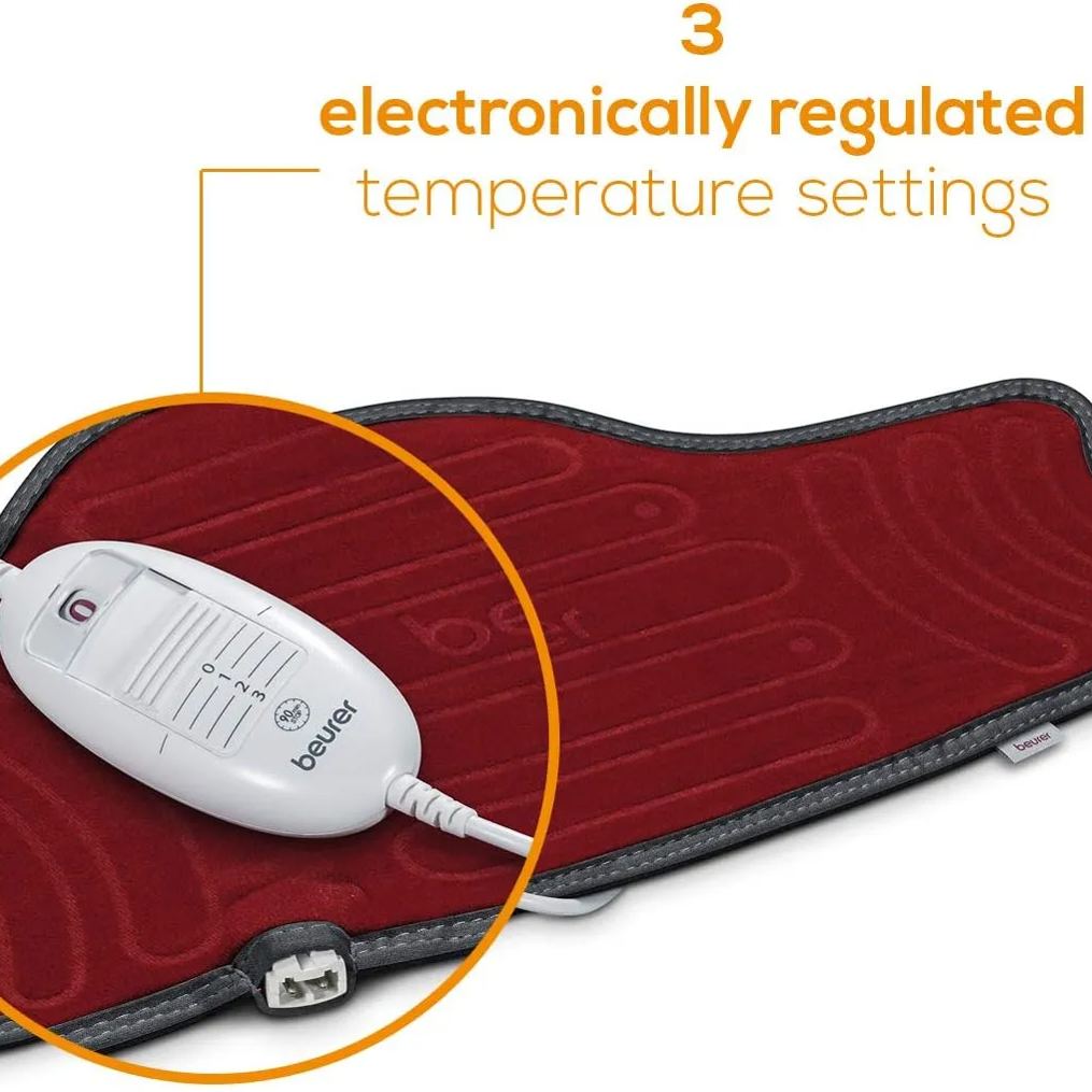 Beurer HK55 heat pad with 3 electronically regulated temperature settings, allowing you to choose gentle, soothing or more intense warmth for personalised comfort and safe, controlled heat therapy.