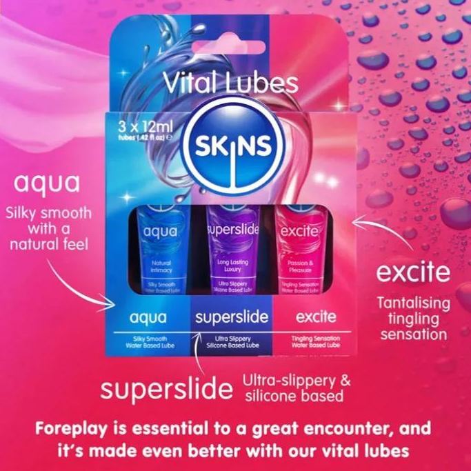Skins Vital Lubes travel size lubricant gift pack with Aqua water-based lube, Superslide silicone lubricant and Excite tingling lube, 3 x 12ml tubes shown in branded packaging highlighting silky smooth, ultra-slippery and stimulating sensations