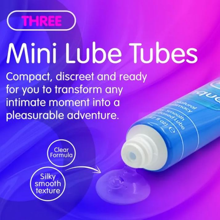 Skins Vital Lubes mini lubricant tube showing silky smooth clear water-based lube texture, part of a travel size intimate lubricant set designed for discreet use, compact portability and comfortable intimate moments.