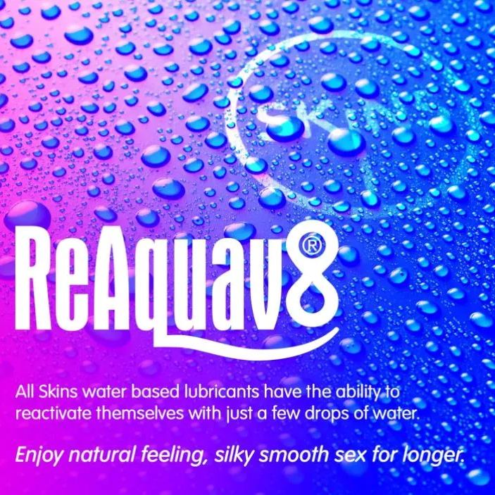 Skins Aqua water based personal lubricant branding image showing reactivating moisture droplets, highlighting silky smooth natural feeling intimate lube that can be reactivated with water for longer lasting comfort.