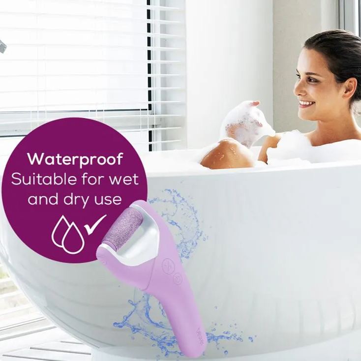 Beurer MP59 waterproof electric foot file suitable for wet and dry use, shown in bathroom setting, designed to remove hard skin and calluses safely for smooth, healthy feet at home.
