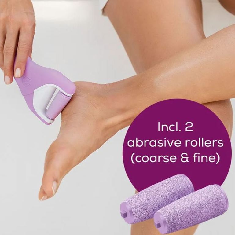 Beurer MP59 rechargeable electric foot file in use on heel, showing removal of hard skin and calluses, with included coarse and fine abrasive rollers for smooth, healthy feet at home.