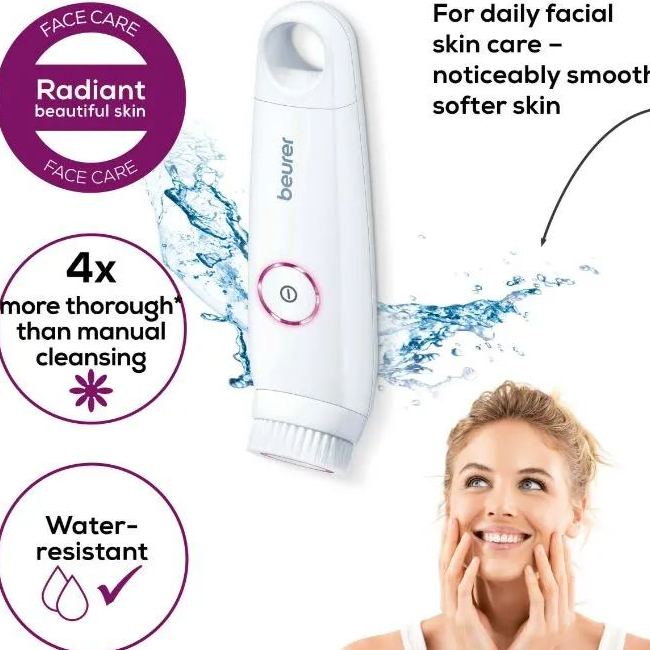 Beurer FC45 facial cleansing brush showing water-resistant design, 4x deeper cleansing than manual washing, for daily skincare and visibly smoother, softer skin.