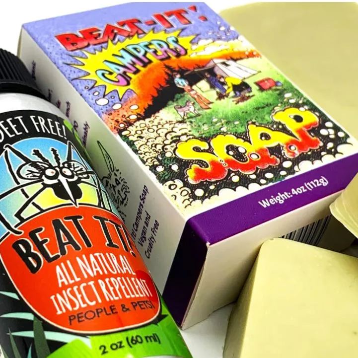 Beat It! Camper’s Soap is a natural, DEET-free insect repellent soap that helps repel midges and mosquitoes while cleansing skin. Vegan, biodegradable and ideal for camping, hiking, festivals and outdoor adventures.