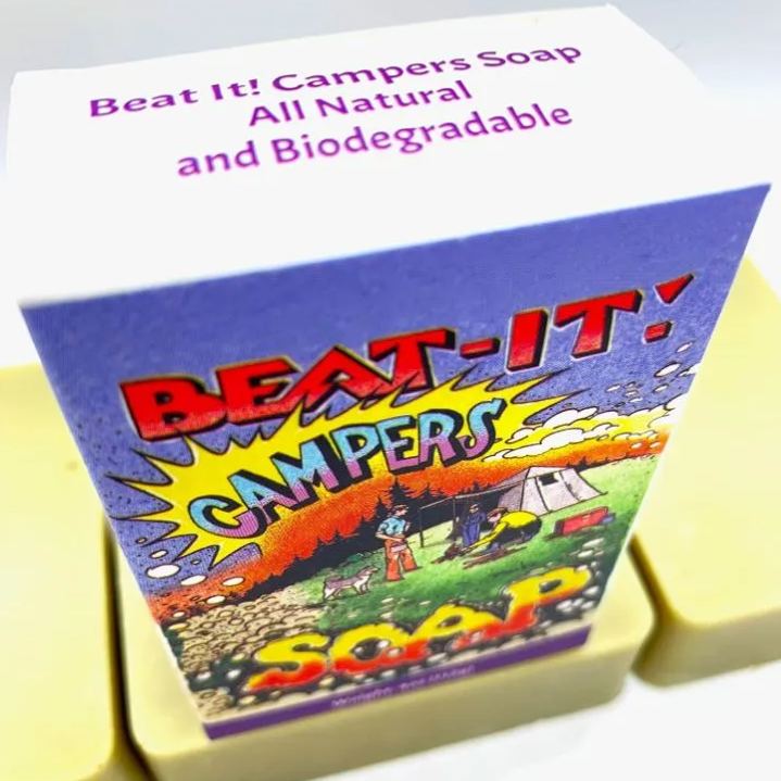 Beat It! Campers Soap is an all-natural, biodegradable insect repellent soap that helps deter midges and mosquitoes while cleansing skin. DEET-free, vegan and ideal for camping, hiking, festivals and outdoor use.