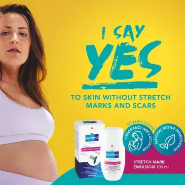 Woman with baby bump next to Gyntima Stretch Mark Emulsion packaging – pregnancy stretch mark cream to reduce stretch marks and scars