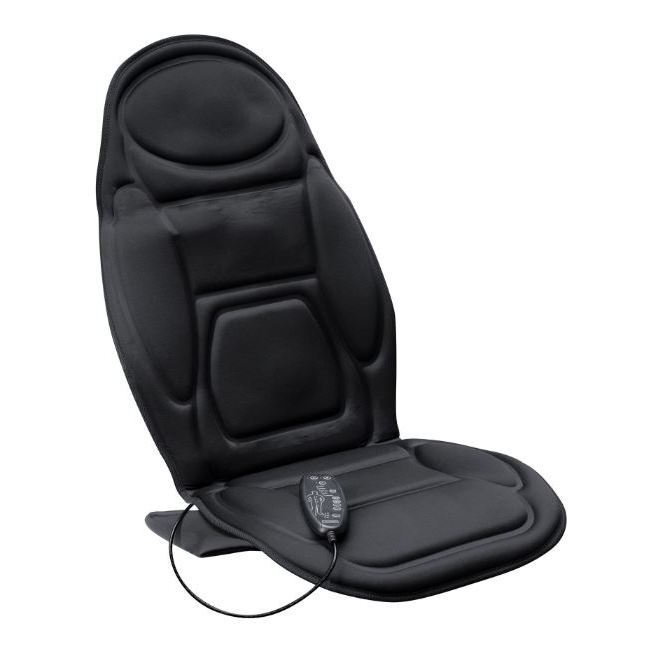 Lanaform Vibrating heated back massager cushion with ergonomic padded design, multiple massage zones and wired remote control, suitable for use on chairs, sofas or car seats for back pain relief and relaxation.